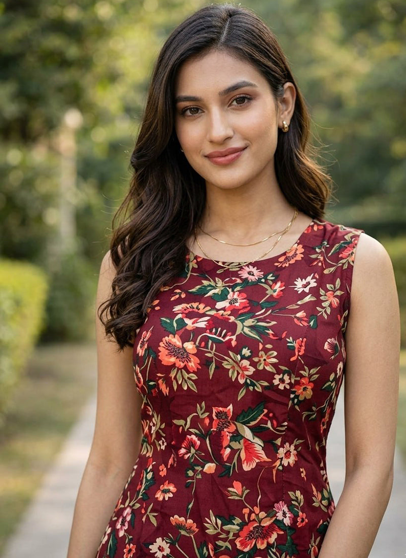 Maroon Crepe Flower Printed Outwear Kurti And Pant