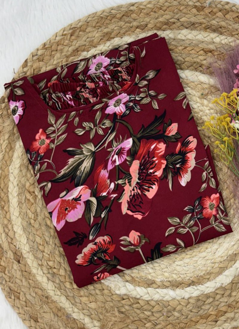 Maroon Crepe Flower Printed Outwear Kurti And Pant