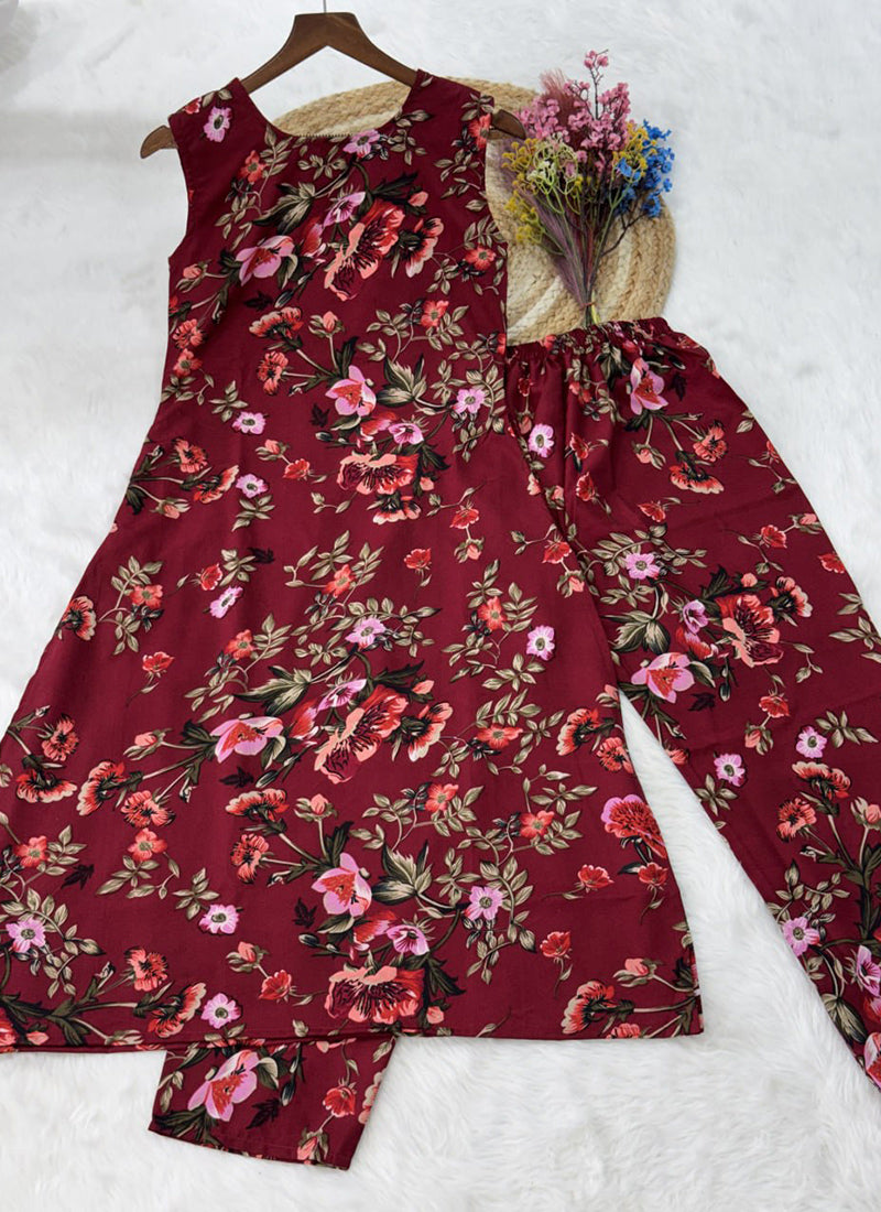 Maroon Crepe Flower Printed Outwear Kurti And Pant