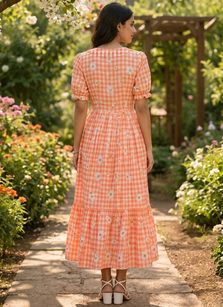 Peach Muslin Gingham Daisy Printed Tiered Midi Dress