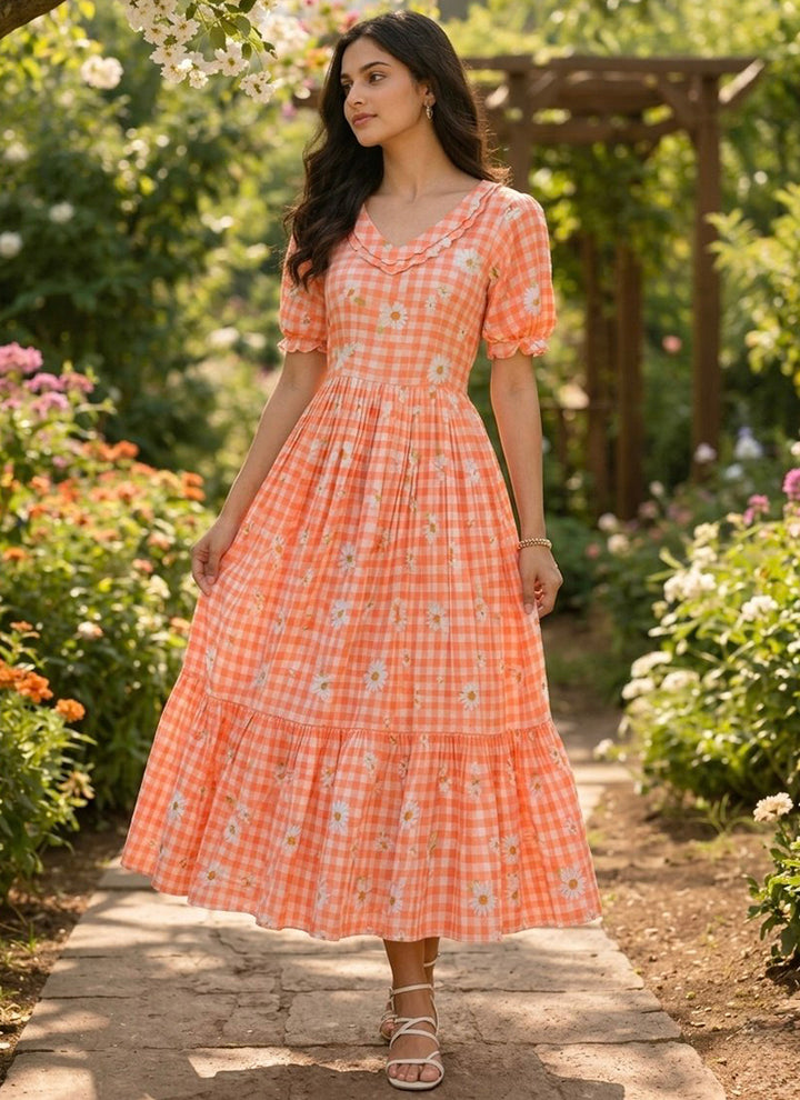 Peach Muslin Gingham Daisy Printed Tiered Midi Dress