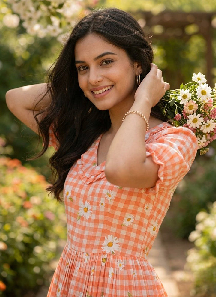 Peach Muslin Gingham Daisy Printed Tiered Midi Dress