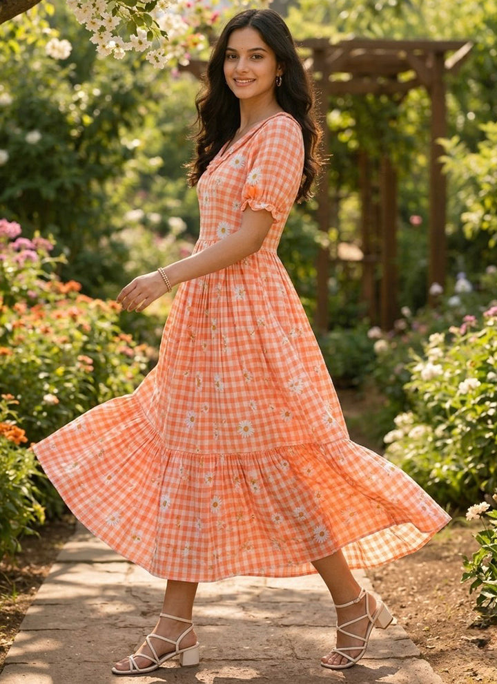 Peach Muslin Gingham Daisy Printed Tiered Midi Dress
