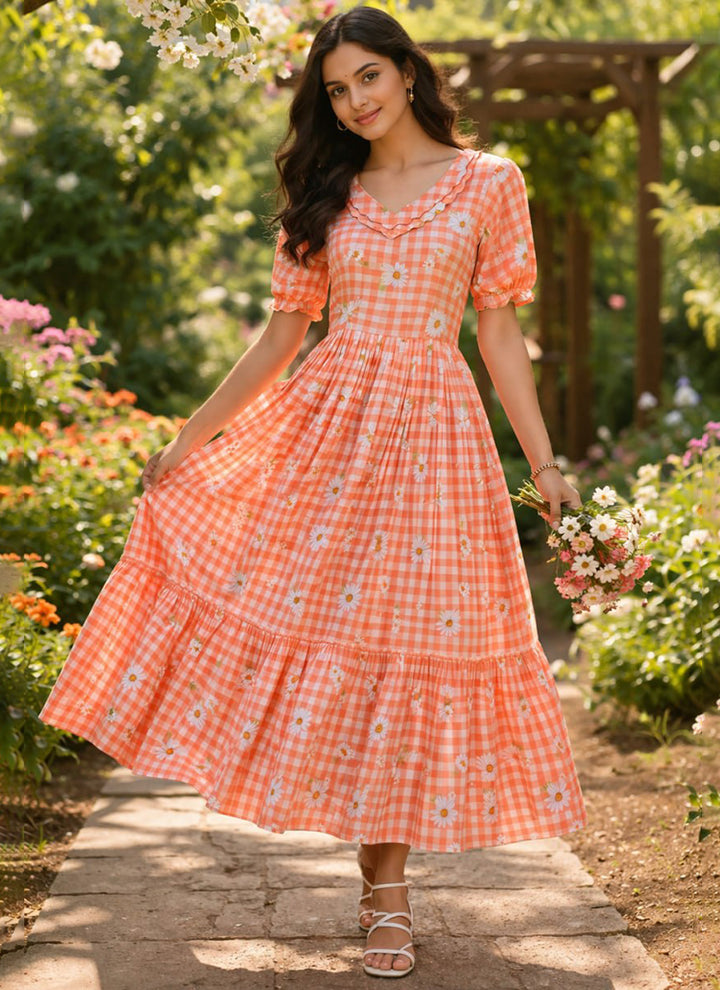 Peach Muslin Gingham Daisy Printed Tiered Midi Dress