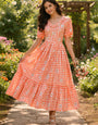 Peach Muslin Gingham Daisy Printed Tiered Midi Dress