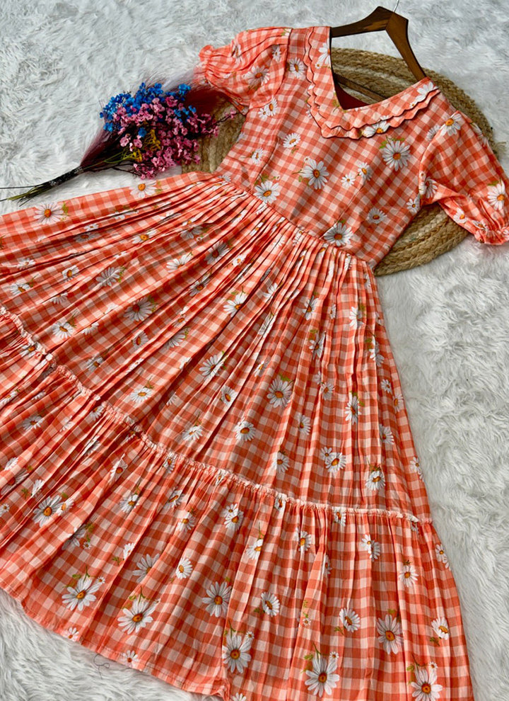 Peach Muslin Gingham Daisy Printed Tiered Midi Dress