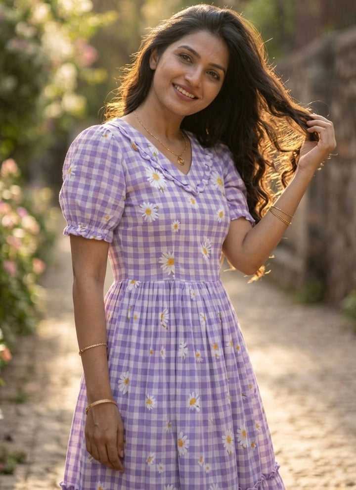 Lavender Muslin Gingham Daisy Printed Tiered Midi Dress