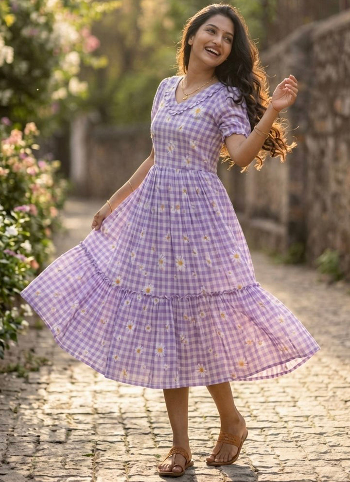 Lavender Muslin Gingham Daisy Printed Tiered Midi Dress
