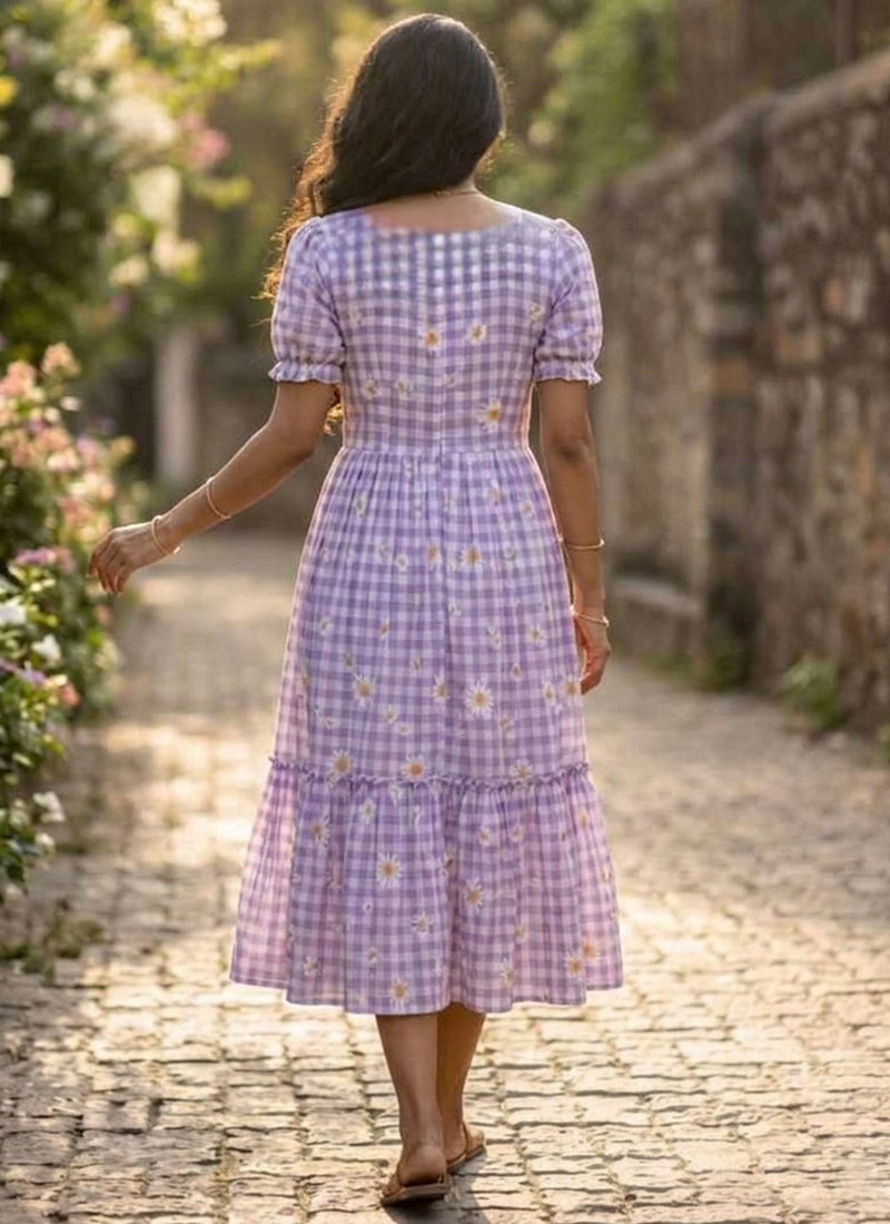 Lavender Muslin Gingham Daisy Printed Tiered Midi Dress