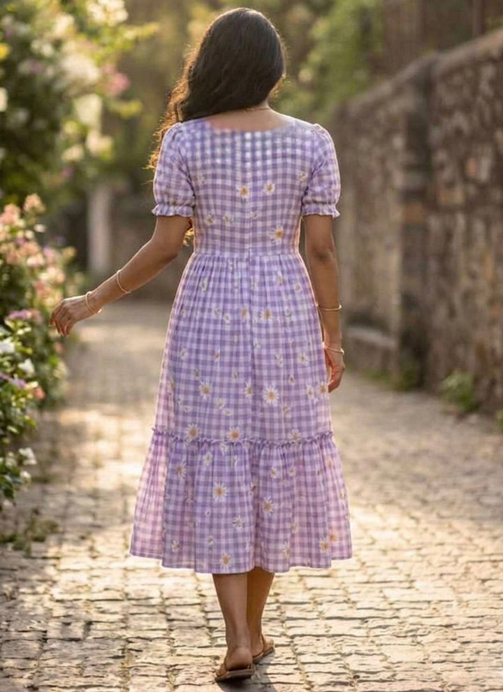 Lavender Muslin Gingham Daisy Printed Tiered Midi Dress