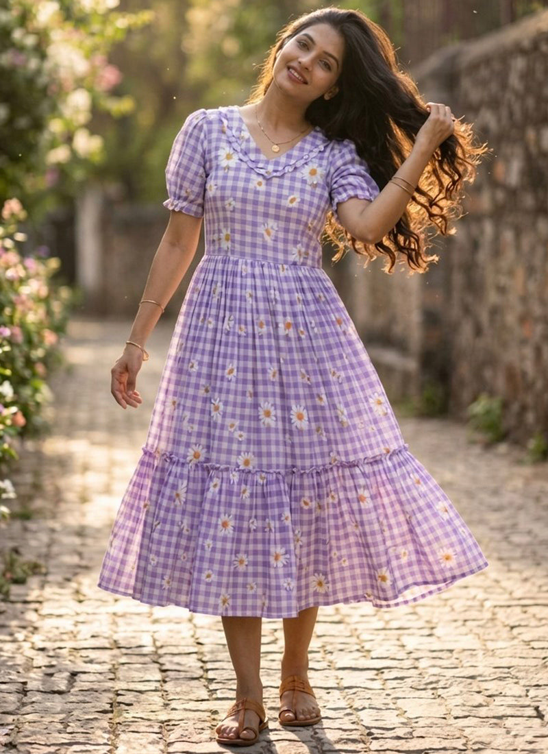 Lavender Muslin Gingham Daisy Printed Tiered Midi Dress