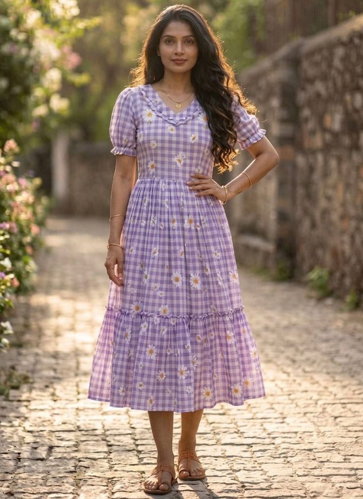 Lavender Muslin Gingham Daisy Printed Tiered Midi Dress