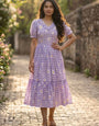 Lavender Muslin Gingham Daisy Printed Tiered Midi Dress
