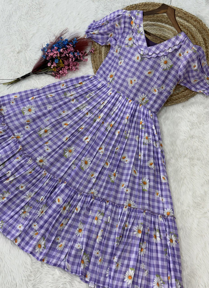 Lavender Muslin Gingham Daisy Printed Tiered Midi Dress