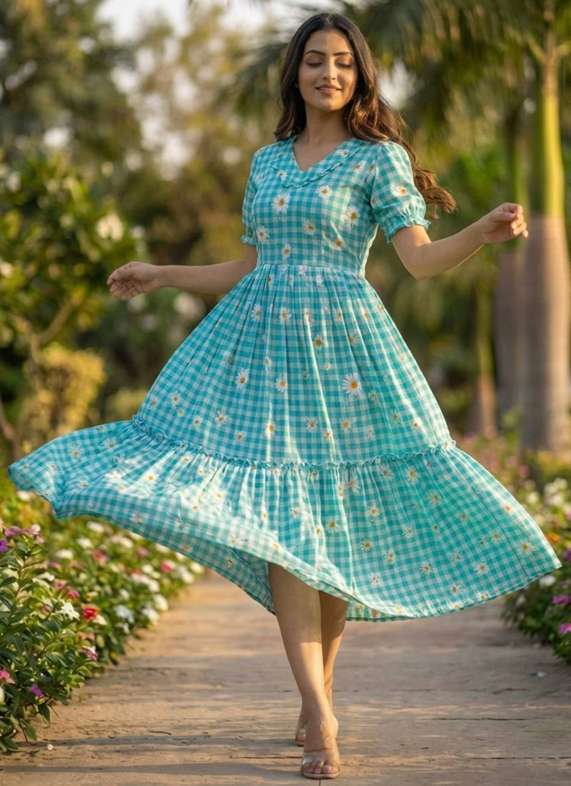 Turquoise Muslin Gingham Daisy Printed Tiered Midi Dress