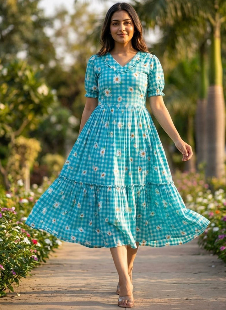 Turquoise Muslin Gingham Daisy Printed Tiered Midi Dress
