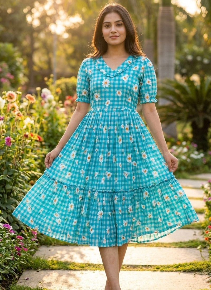Turquoise Muslin Gingham Daisy Printed Tiered Midi Dress
