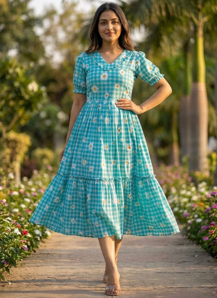 Turquoise Muslin Gingham Daisy Printed Tiered Midi Dress
