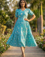 Turquoise Muslin Gingham Daisy Printed Tiered Midi Dress