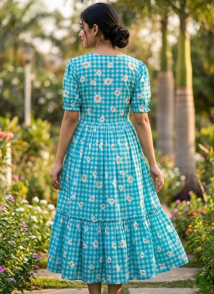 Turquoise Muslin Gingham Daisy Printed Tiered Midi Dress