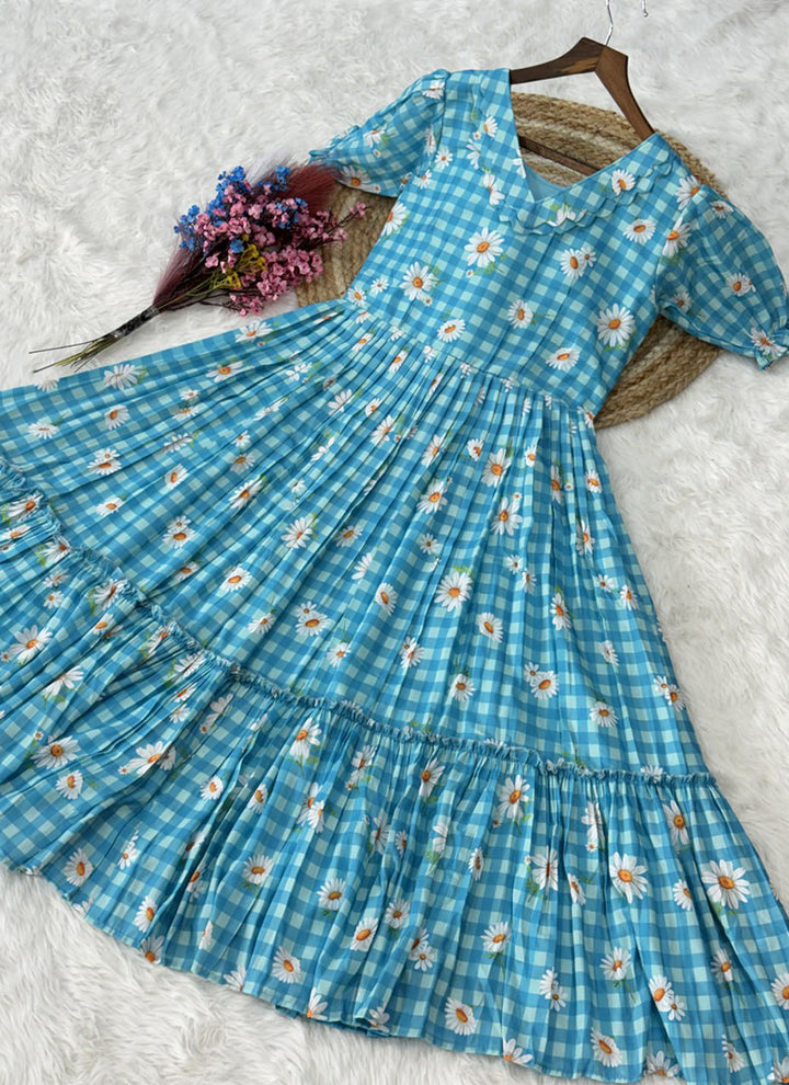 Turquoise Muslin Gingham Daisy Printed Tiered Midi Dress