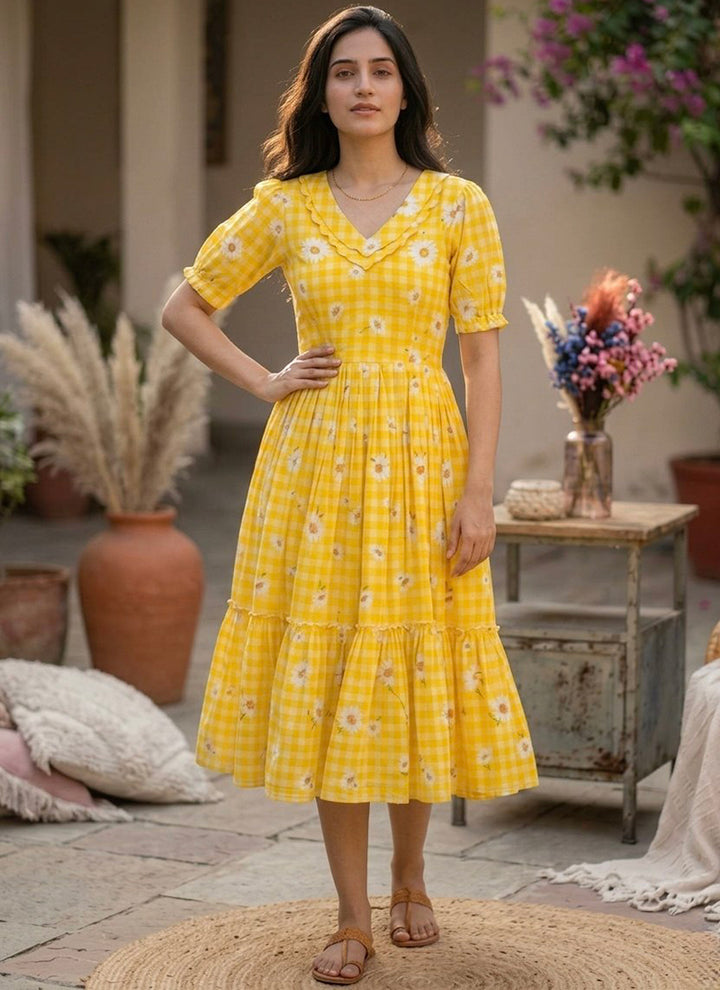 Yellow Muslin Gingham Daisy Printed Tiered Midi Dress