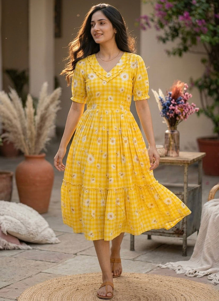 Yellow Muslin Gingham Daisy Printed Tiered Midi Dress
