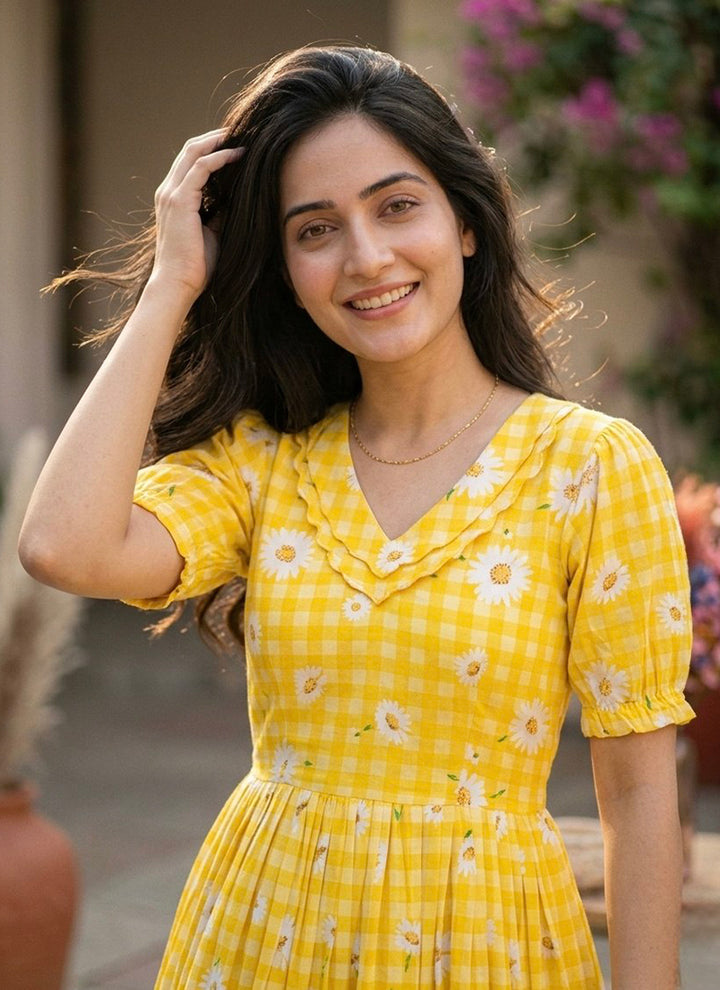 Yellow Muslin Gingham Daisy Printed Tiered Midi Dress