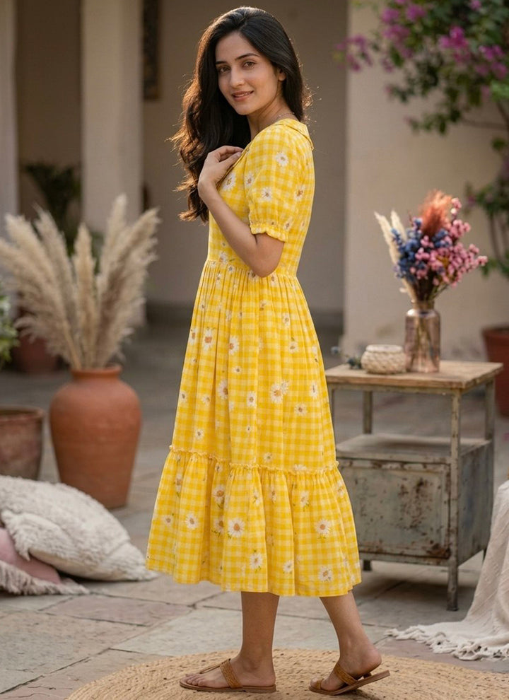 Yellow Muslin Gingham Daisy Printed Tiered Midi Dress