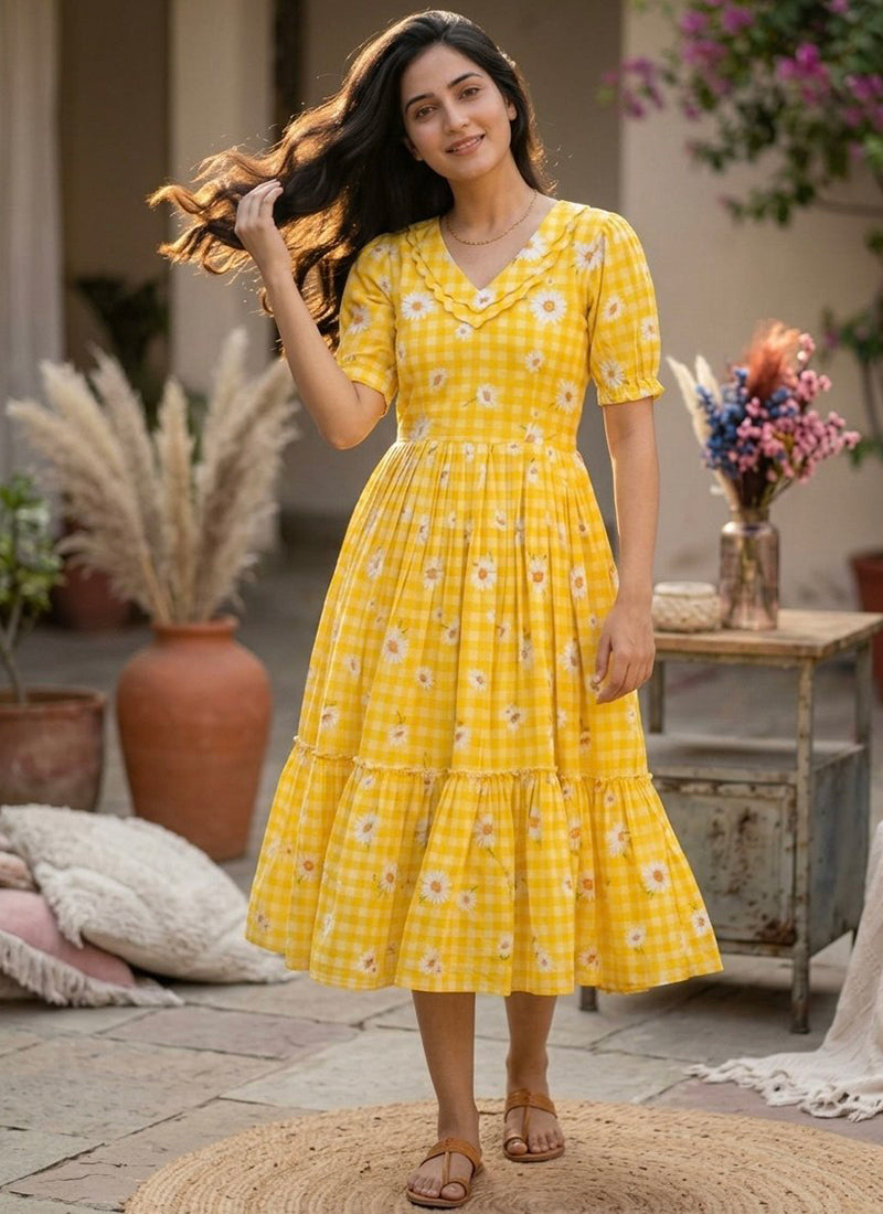 Yellow Muslin Gingham Daisy Printed Tiered Midi Dress