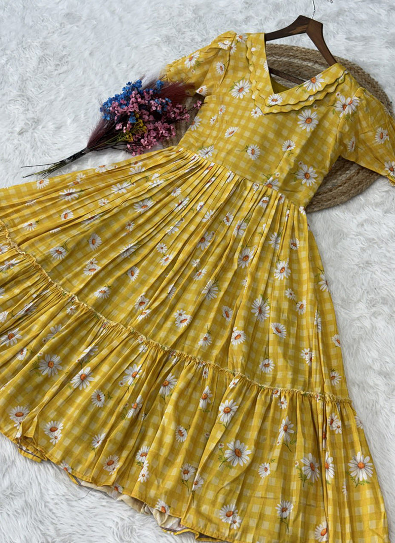 Yellow Muslin Gingham Daisy Printed Tiered Midi Dress