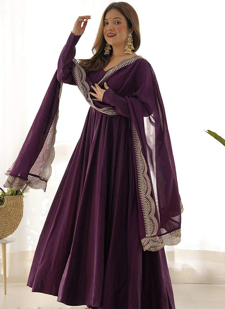 Violet Georgette Long Anarkali Style Gown With Dupatta