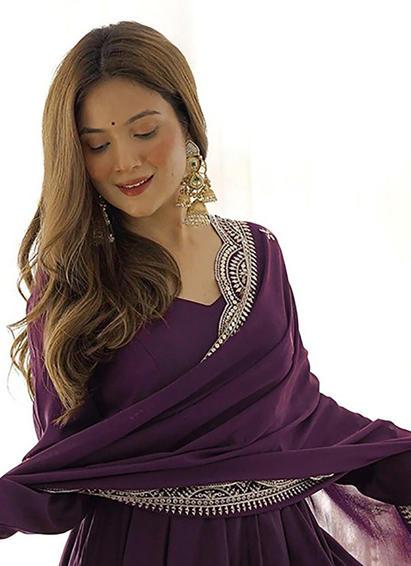 Violet Georgette Long Anarkali Style Gown With Dupatta