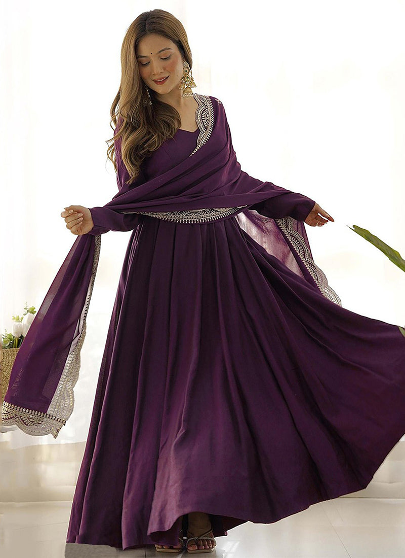 Violet Georgette Long Anarkali Style Gown With Dupatta