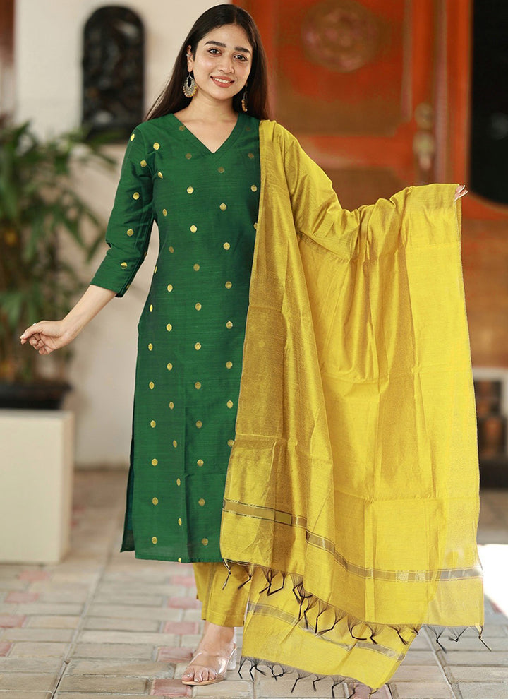 Green Art Silk Weaving Traditional Kurta Set With Dupatta