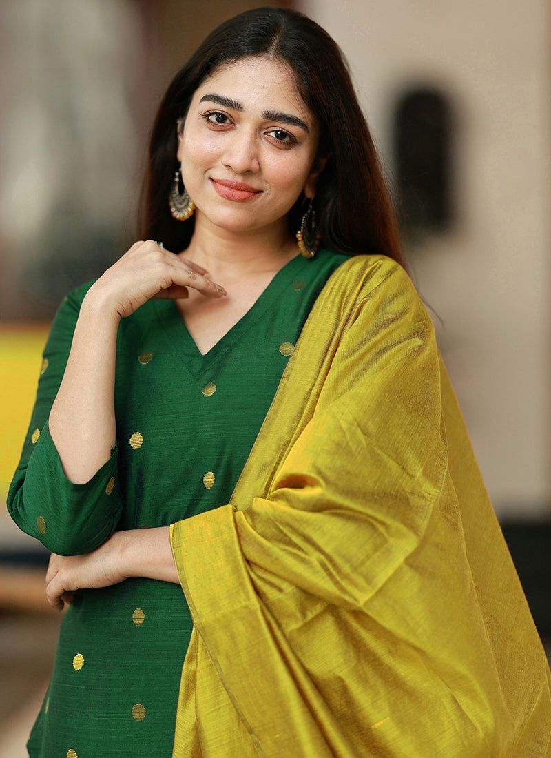 Green Art Silk Weaving Traditional Kurta Set With Dupatta