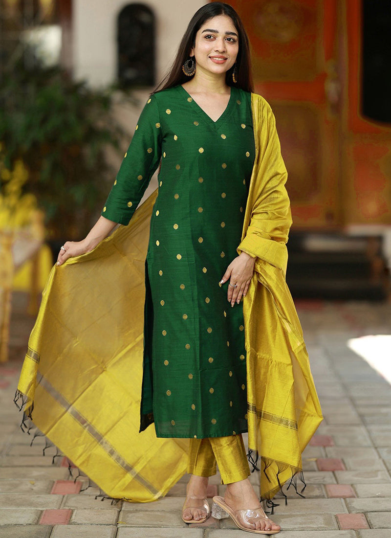 Green Art Silk Weaving Traditional Kurta Set With Dupatta