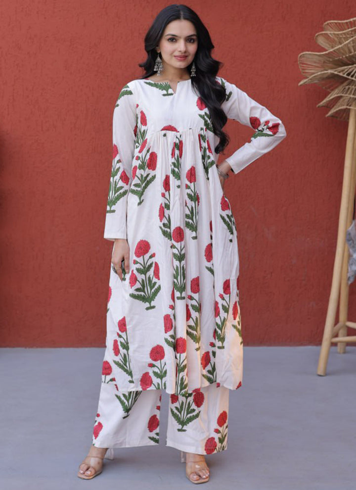 White Cotton Flower Printed Outwear Kurti And Pant