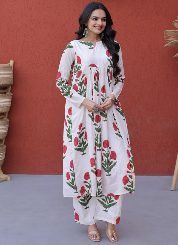 White Cotton Flower Printed Outwear Kurti And Pant