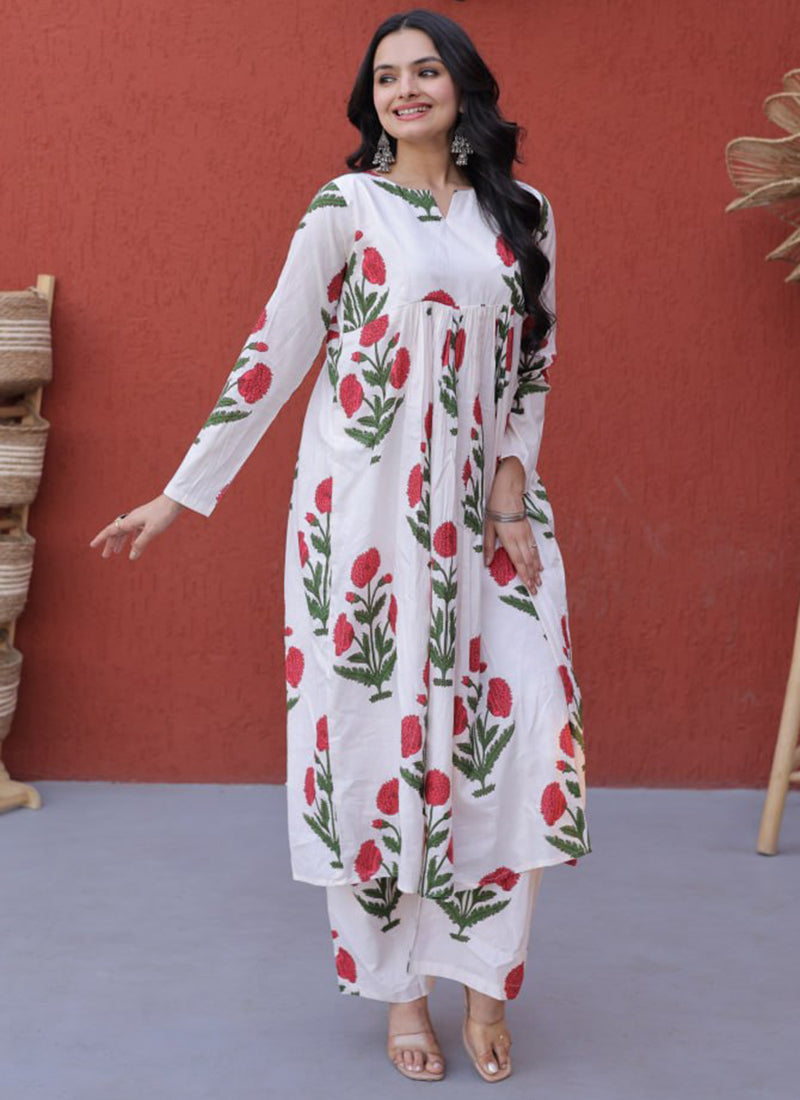 White Cotton Flower Printed Outwear Kurti And Pant