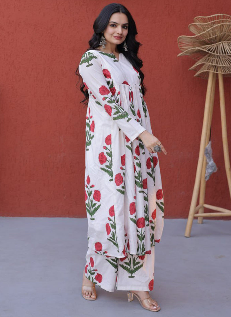 White Cotton Flower Printed Outwear Kurti And Pant