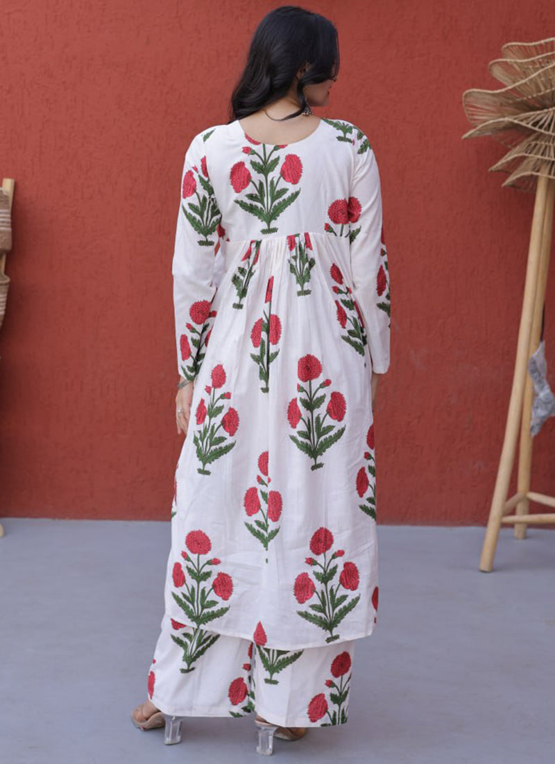 White Cotton Flower Printed Outwear Kurti And Pant
