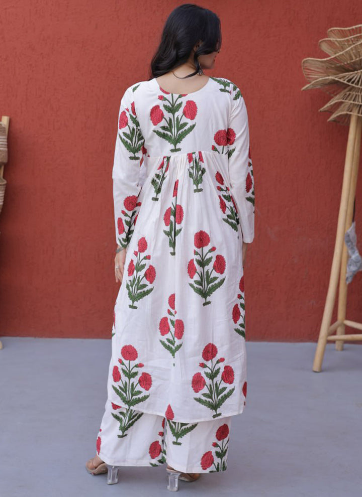 White Cotton Flower Printed Outwear Kurti And Pant