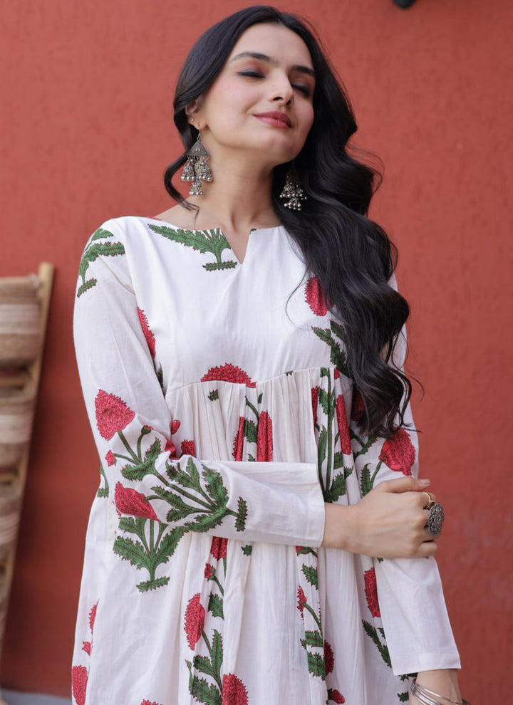 White Cotton Flower Printed Outwear Kurti And Pant