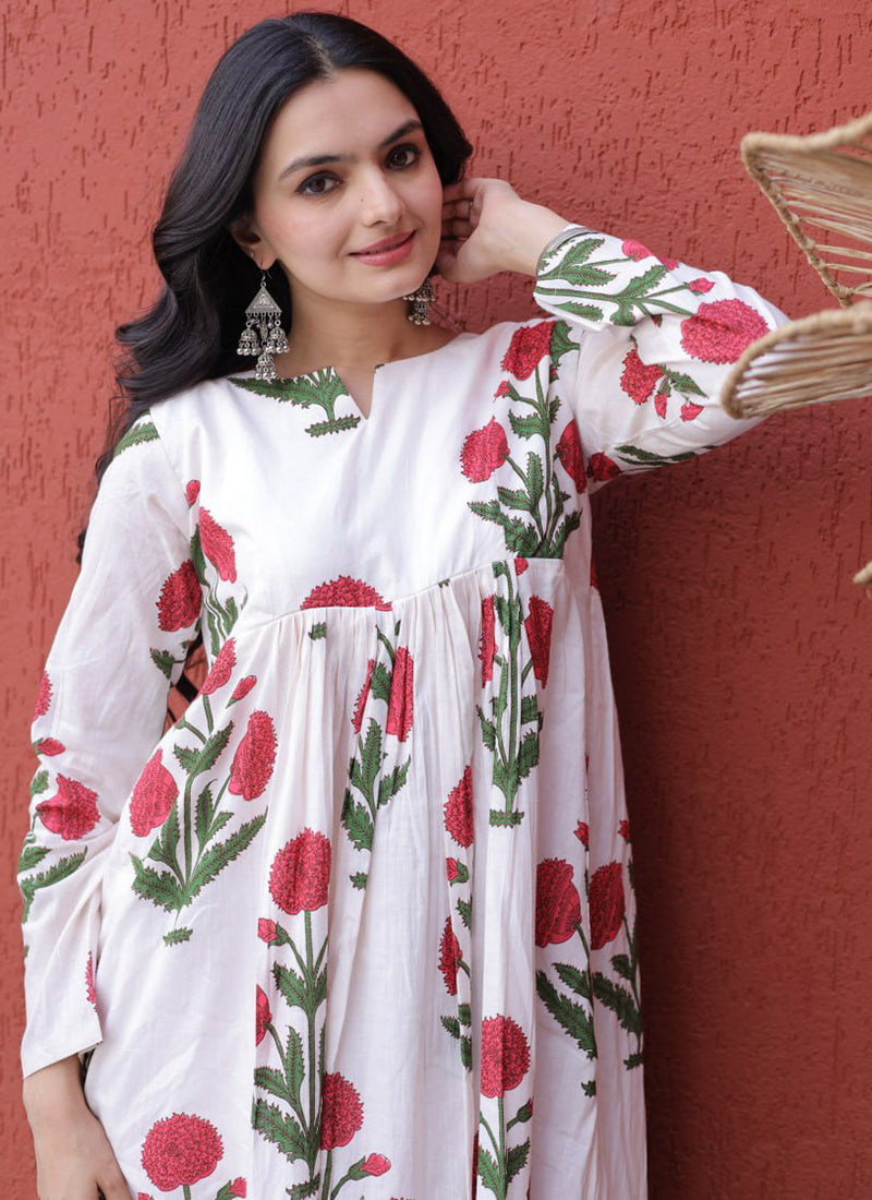 White Cotton Flower Printed Outwear Kurti And Pant