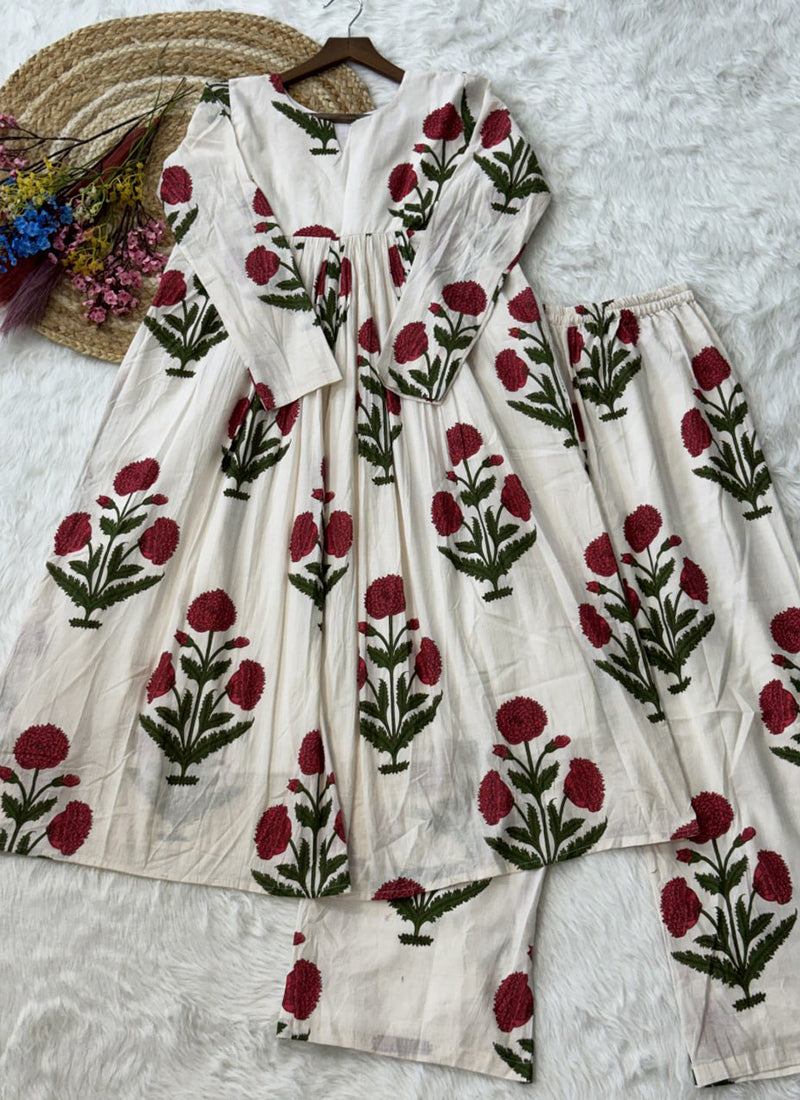 White Cotton Flower Printed Outwear Kurti And Pant