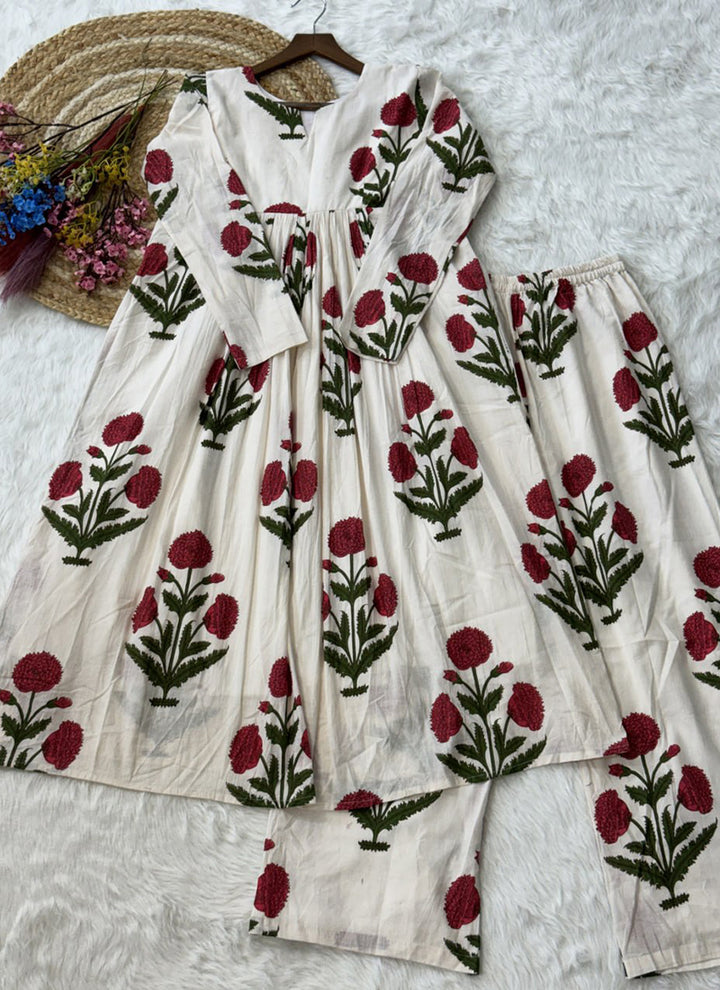 White Cotton Flower Printed Outwear Kurti And Pant