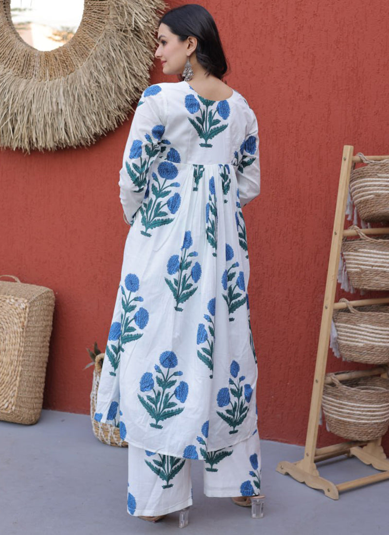 White Flower Printed Cotton Office Wear Kurti And Pant