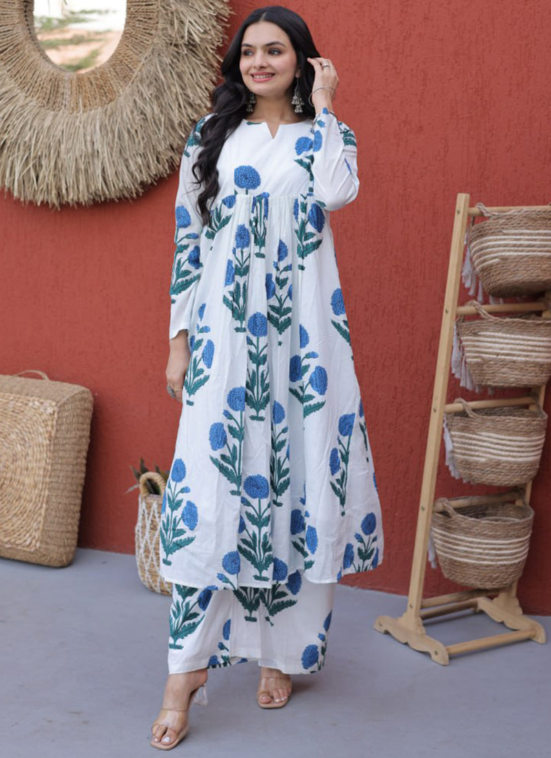White Flower Printed Cotton Office Wear Kurti And Pant