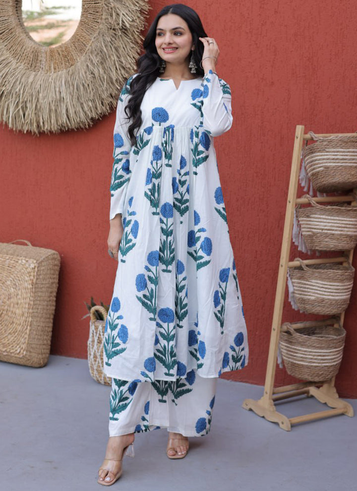 White Flower Printed Cotton Office Wear Kurti And Pant